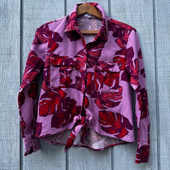 Sofia Jeans by Sofia Vergara XS Tropical Leaf Print Tie Front Long Sleeve Shirt - Picture 1 of 8
